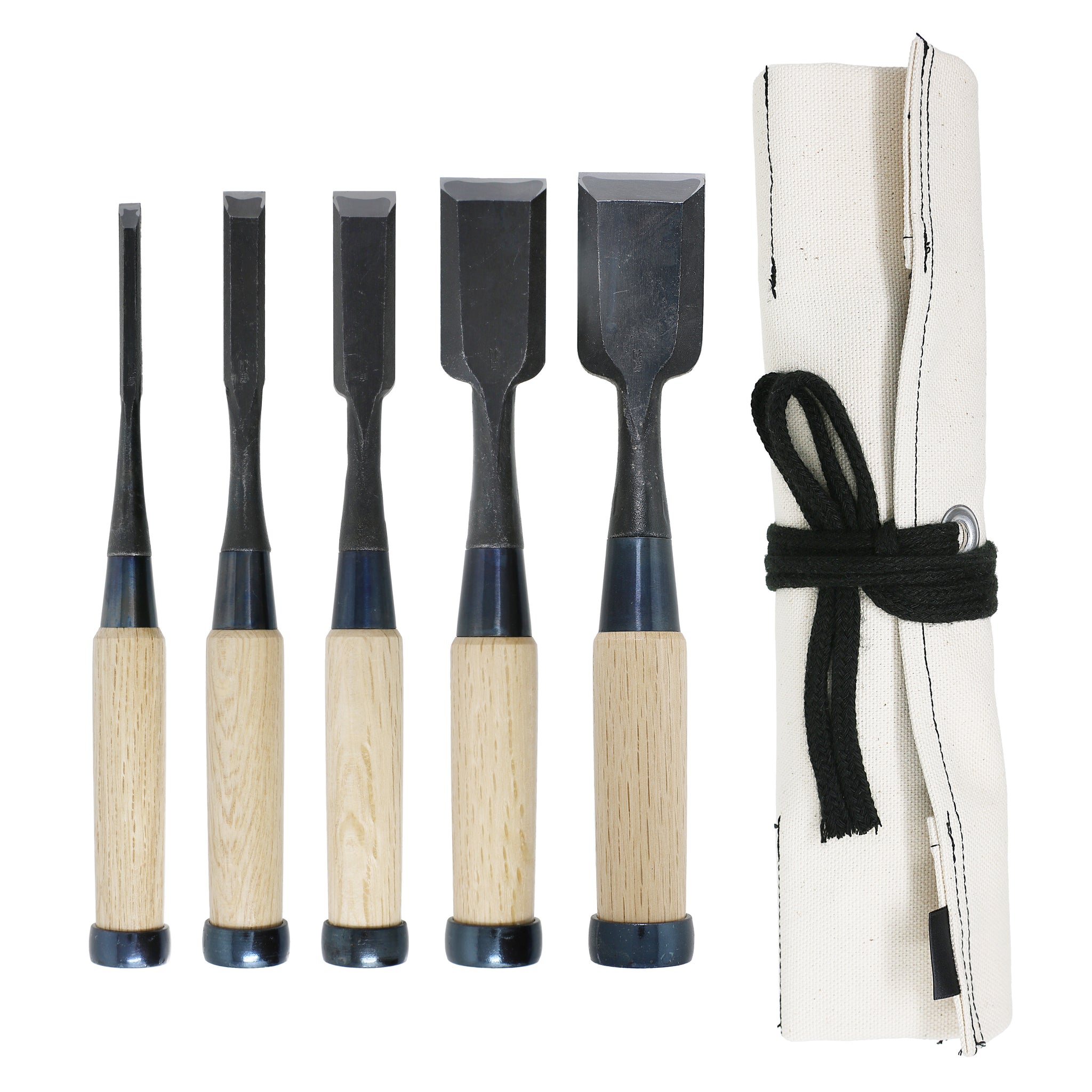 5 pieces Oire Nomi Chisel (white #2) set, with a chisel roll