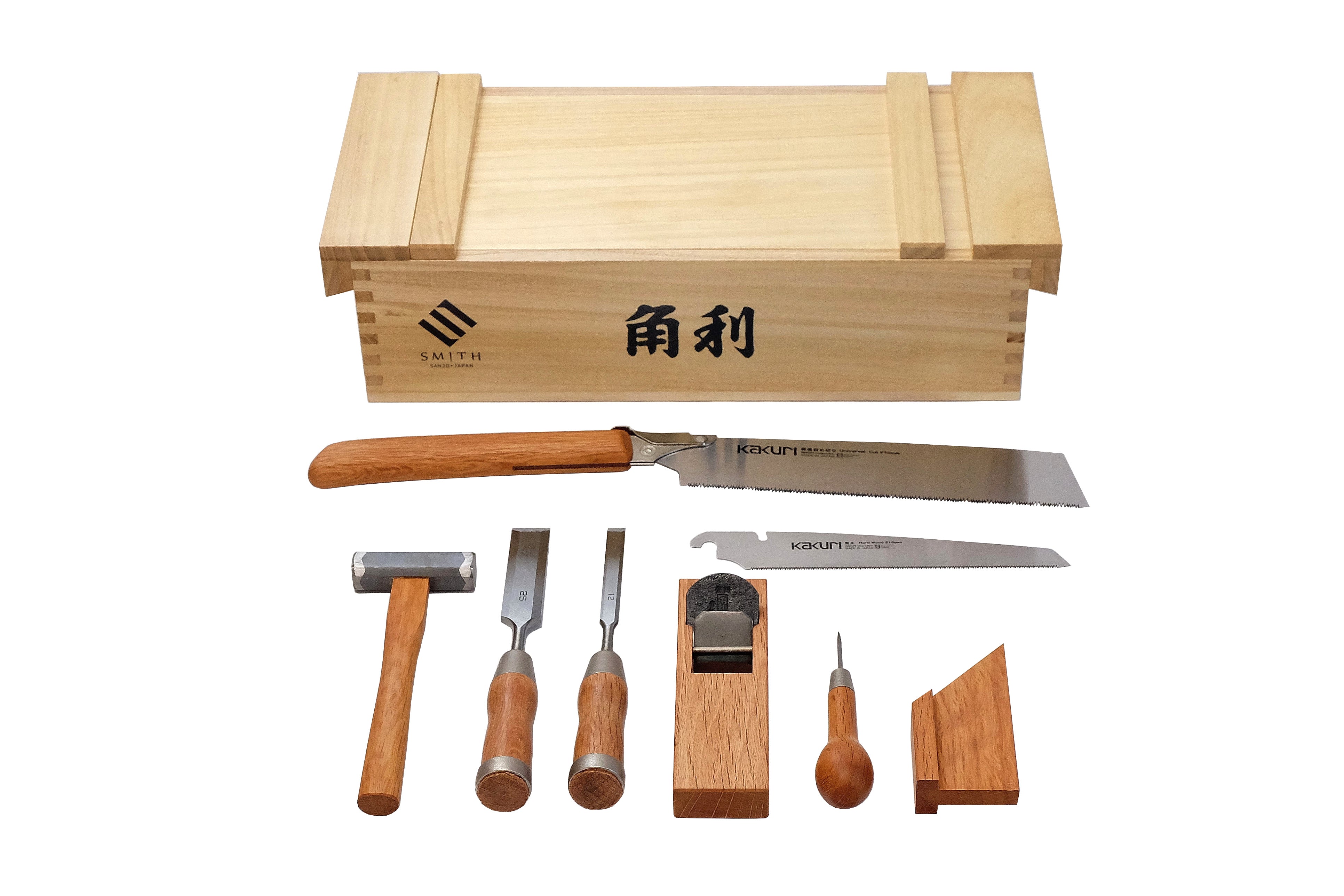 KAKURI Japanese Woodworking Tool Set, Professional Carpentry Tool Kit 8 Pcs  (Japanese Pull Saws, Hammer, Chisels, Plane, Auger, Square), Japanese Red